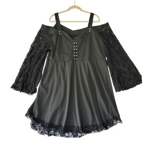 Black Cold Shoulder Lace Sleeve Goth Mini Dress 5XL Whimsigoth Goth Fairycore‎